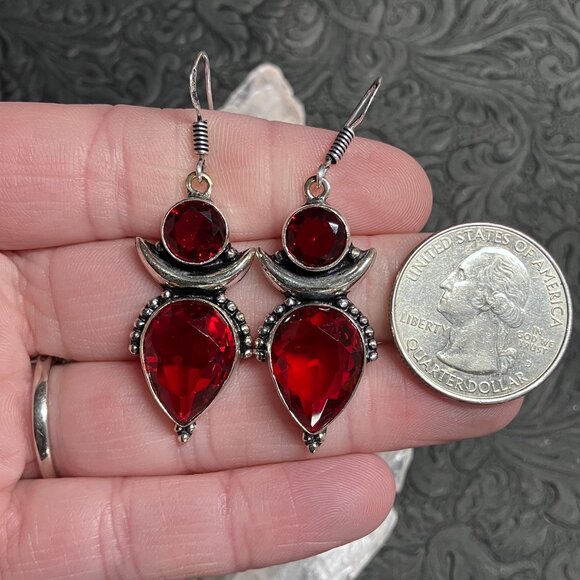 Fairy Core Garnet Crescent Moon Witchy Earrings Crystal Stone Jewelry - Picture 4 of 5